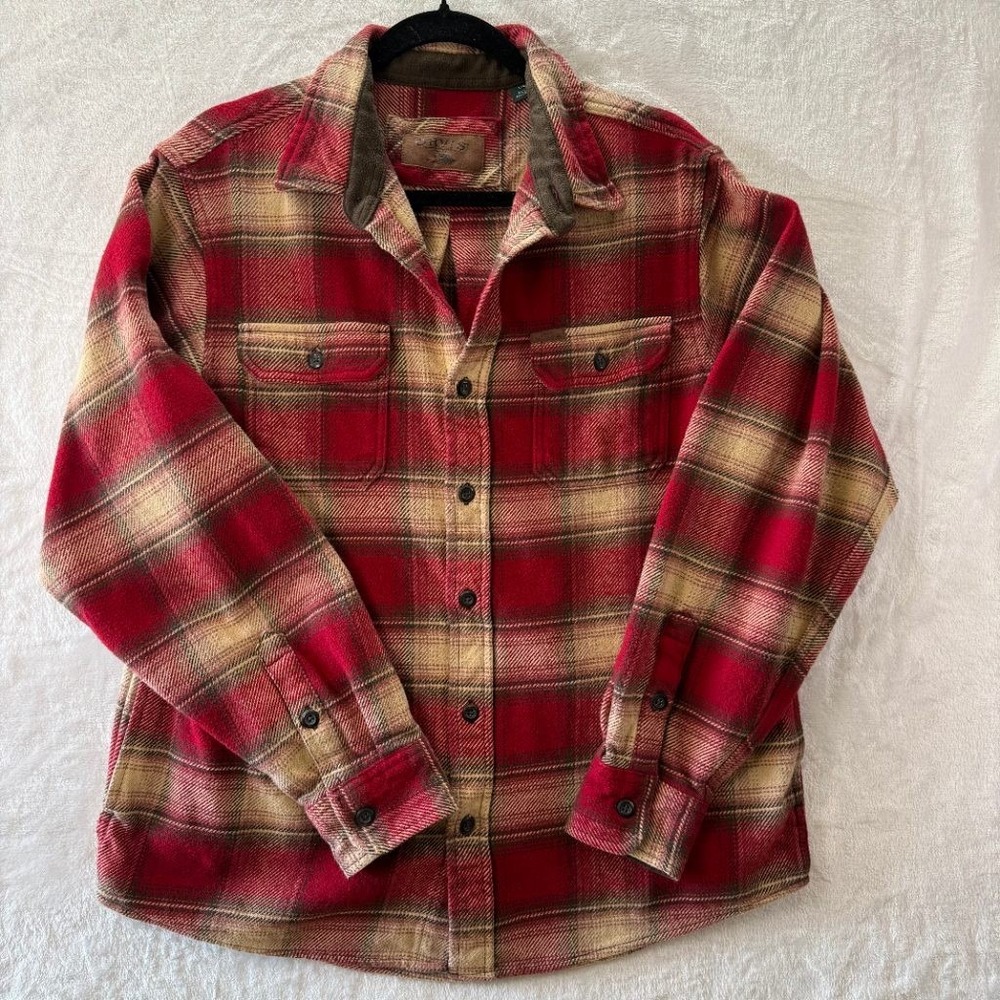 Orvis Classic Collection Men's L Red Plaid Heavy Flannel Shirt Corduroy Collar